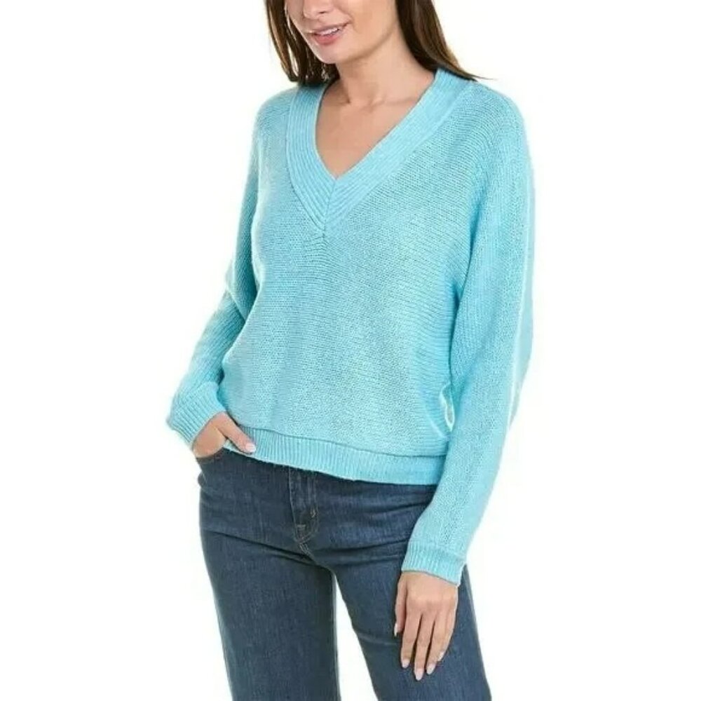 CABI Frosty Pullover Sweater V-Neck Robin's Egg Blue Sz L #4282 EUC